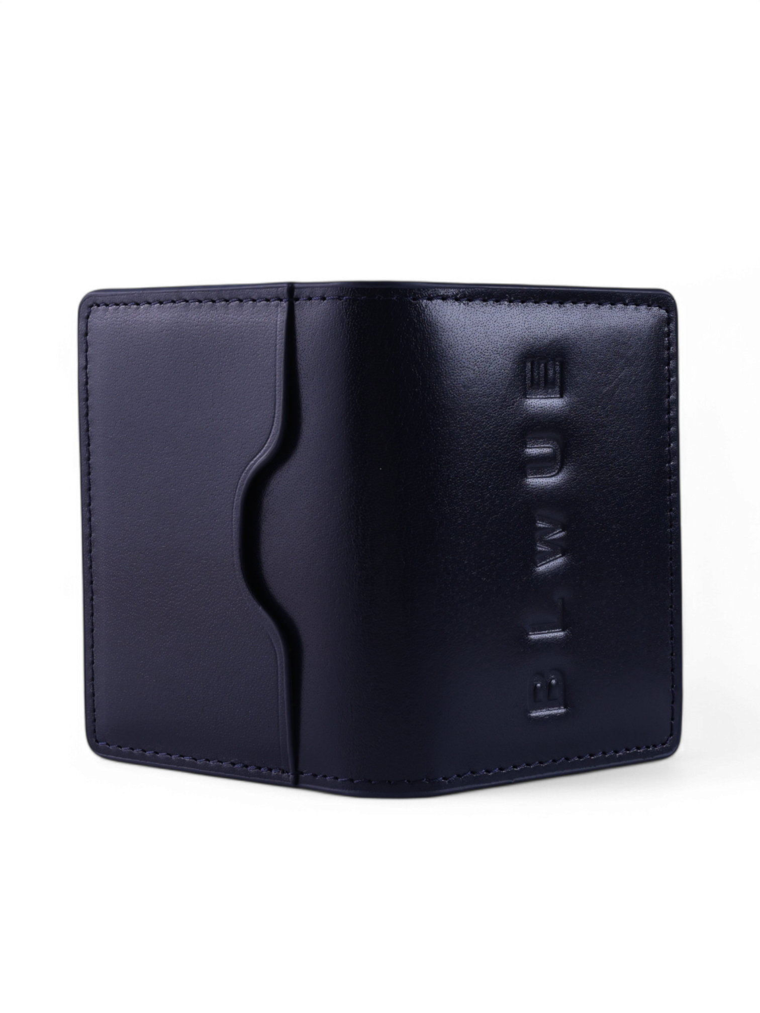 Royal blue full-grain veg tanned buffalo leather card holder, front view with embossed BLWUE logo